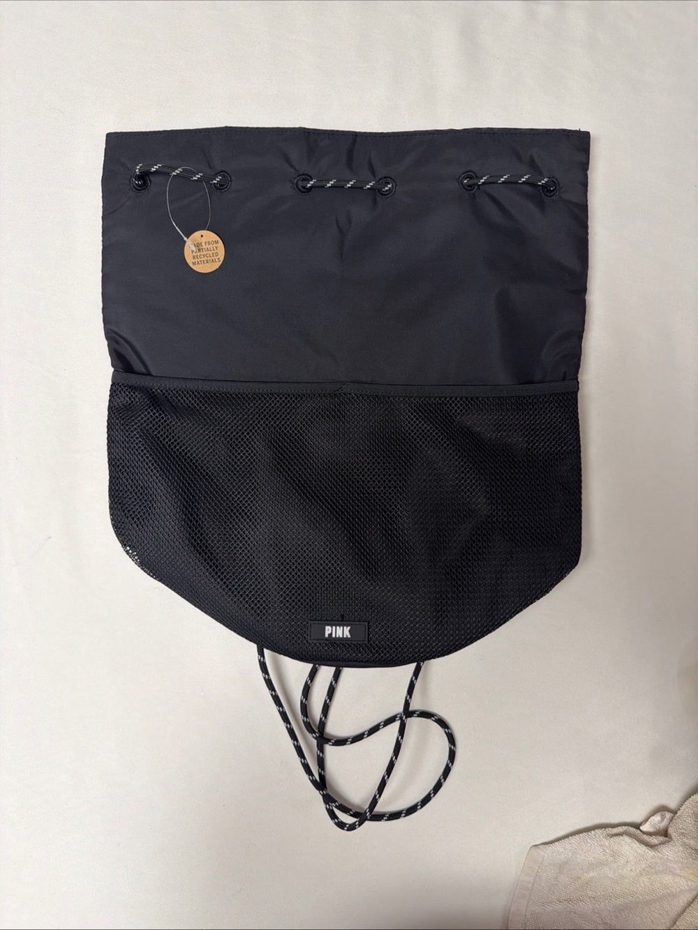 NWT-Victoria’s Secret PINK Drawstring Black Nylon & Mesh Backpack 16 x 16 x 9